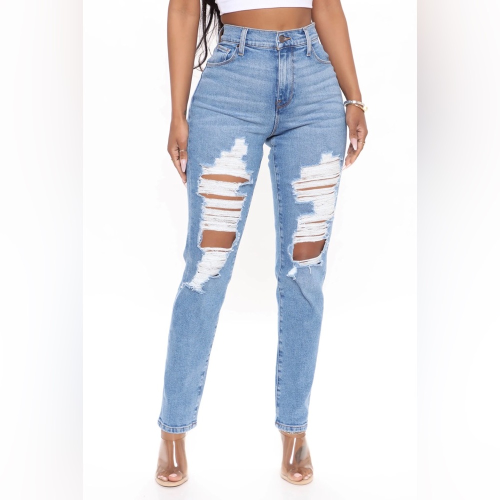 Fashionnova New Perspective Ripped Mom Jeans - Medium Blue Wash